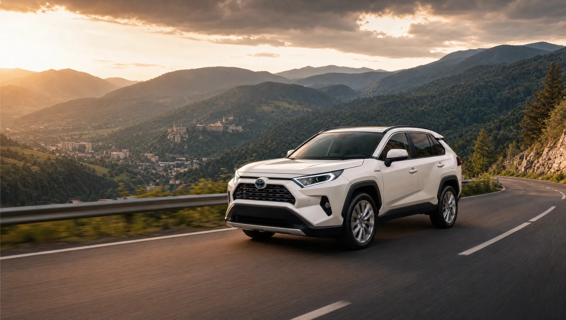 Biela Toyota RAV4 hybrid na horskej ceste pri západe slnka